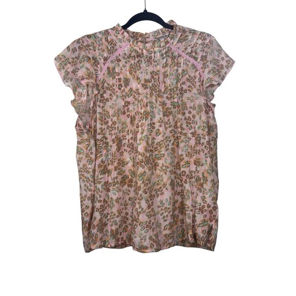 Nanette Lepore Blouse XL Cap Sleeve Ruffle Neck Pintuck Light Cottagecore Floral - Picture 1 of 6